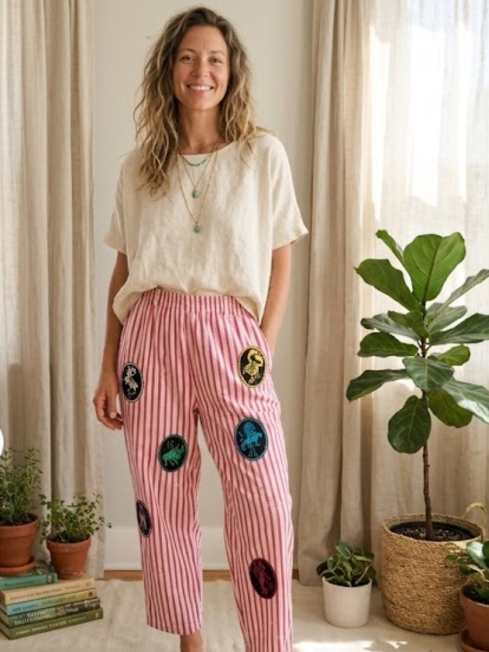 Vintage Zodiac Patch Pants Pink Stripe Cotton Elastic Waist